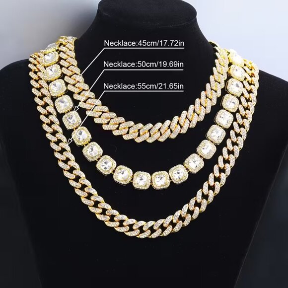 #612 3pcs/set Men's Jewelry Set Cuban Chain Necklace Se Hop Street Style - Picture 2 of 3